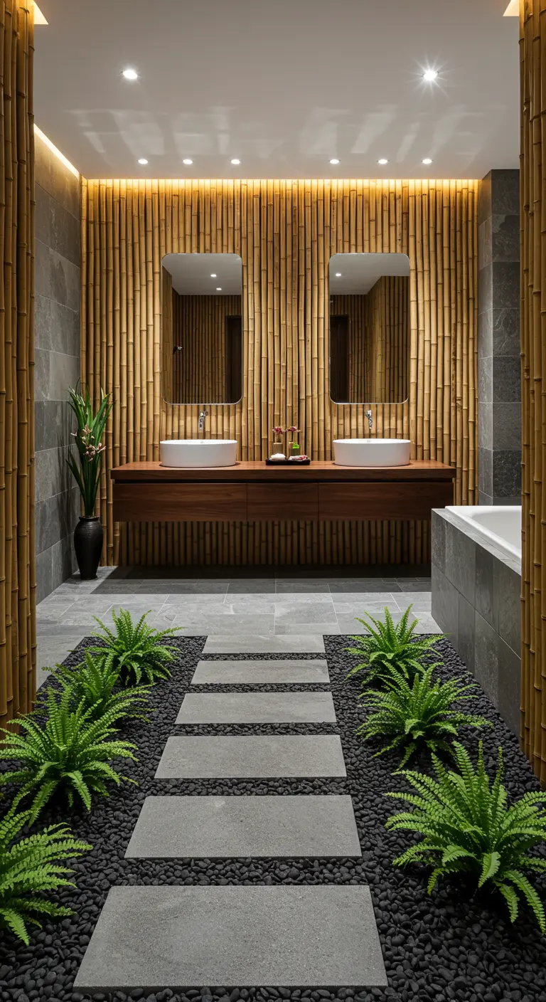 A double vanity backed by a wall of vertical bamboo poles, lit from above.