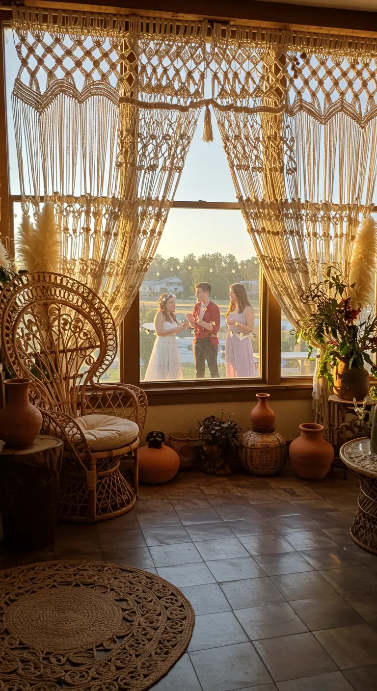 Intricate macramé curtains frame a large window, with people celebrating in the golden light outside.