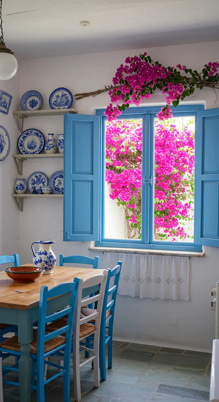 Dining area with blue chairs and shutters open to a view of bougainvillea.