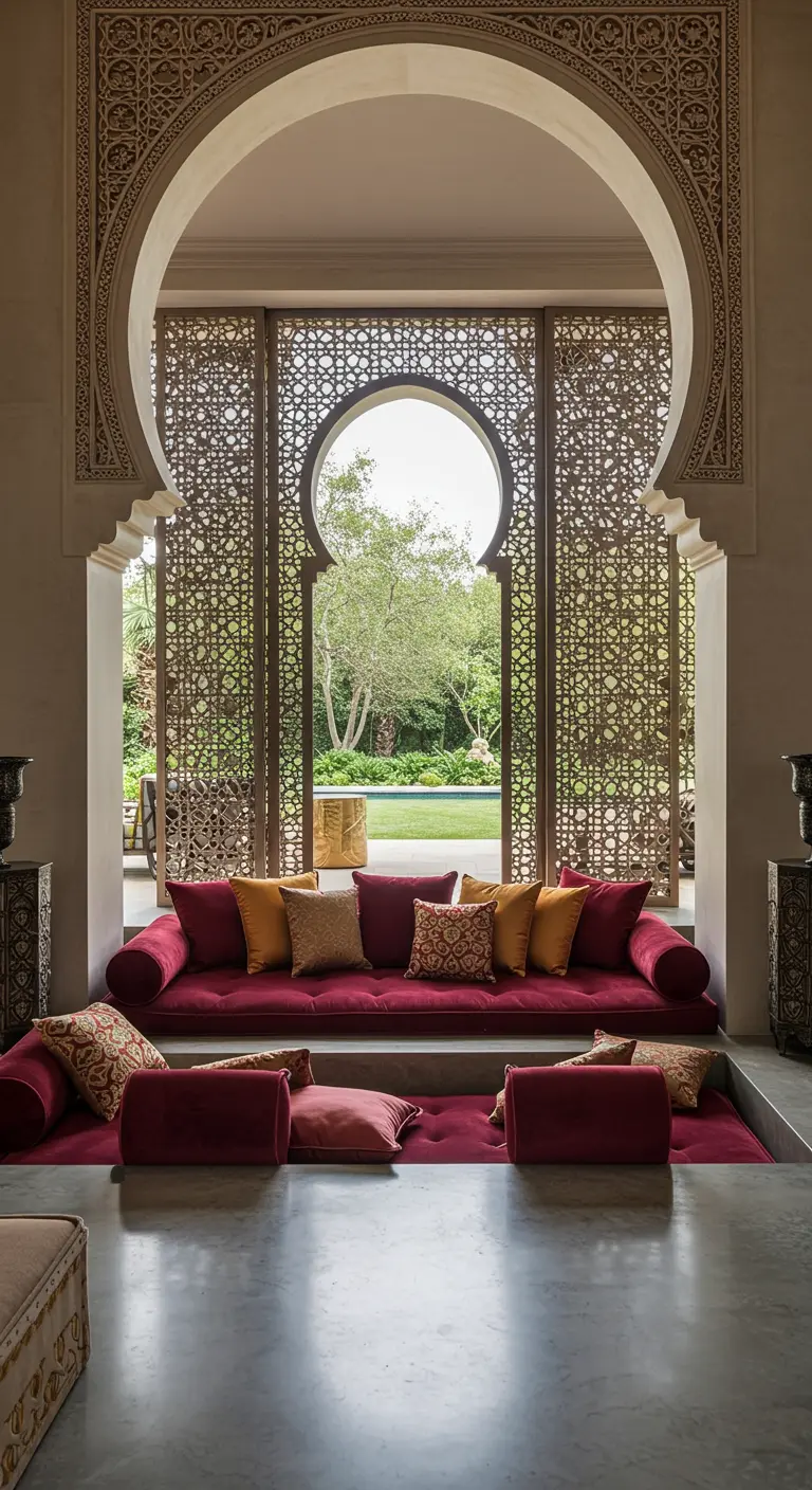 Sunken lounge with red cushions viewed through an ornate archway and carved mashrabiya screens.