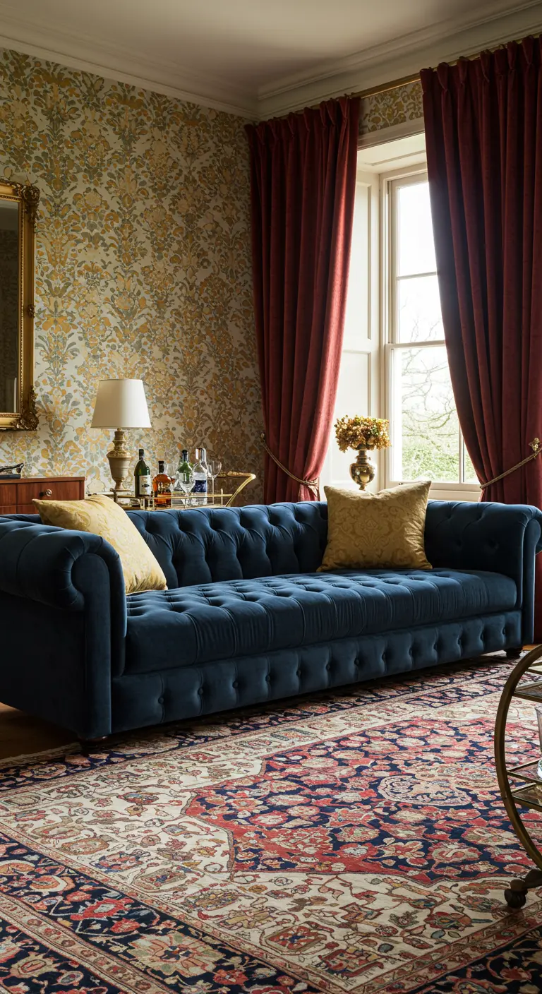 Blue tufted velvet sofa with damask wallpaper and heavy burgundy drapes framing a window.