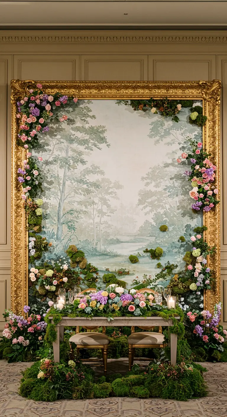 A giant gold frame with a painted forest backdrop, decorated with real flowers and moss.