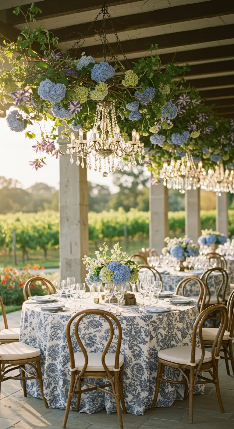 Crystal chandeliers decorated with blue hydrangeas and greenery hanging over tables.