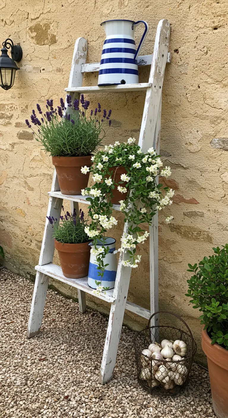 Whitewashed ladder against a stone wall with lavender, white flowers, and an enamel pitcher.