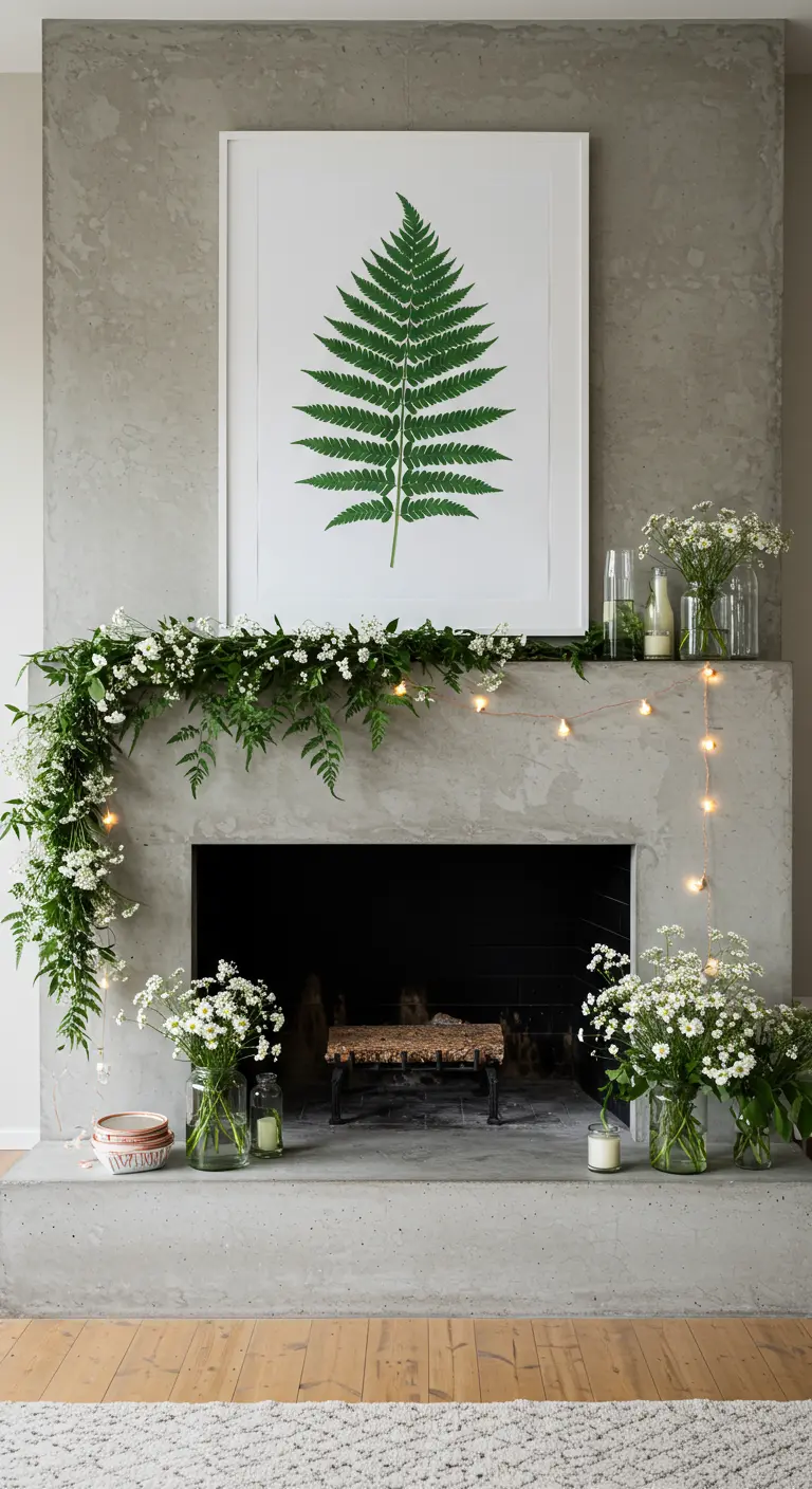 Minimalist concrete fireplace with a simple greenery garland and fern print.