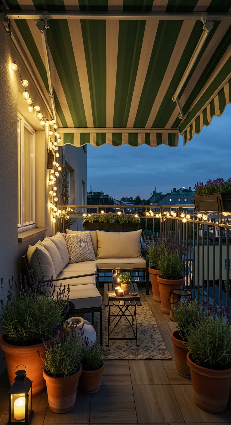 A cozy balcony at night with a sectional sofa, pillows, string lights, and many lavender pots.
