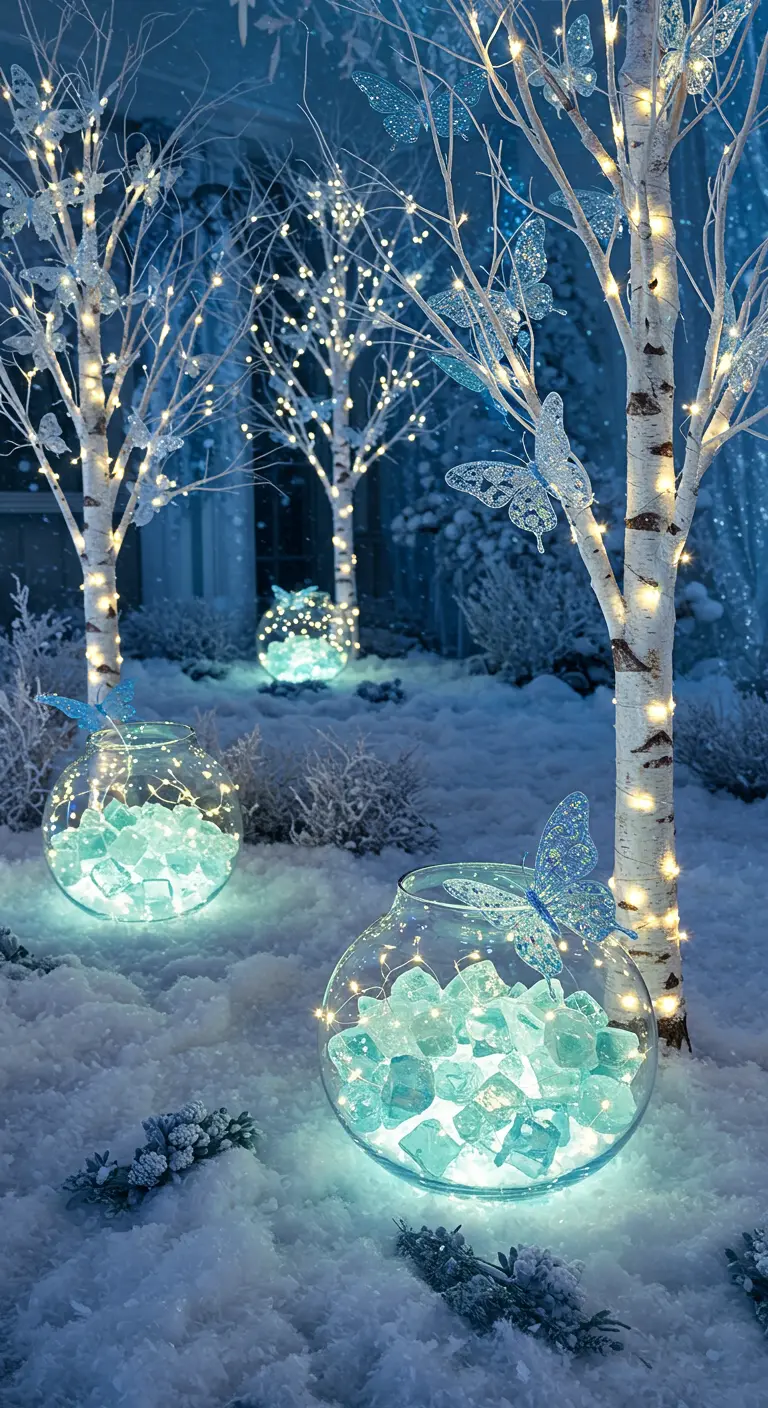A snowy scene with lit birch trees and glass bowls of glowing blue ice and butterflies.