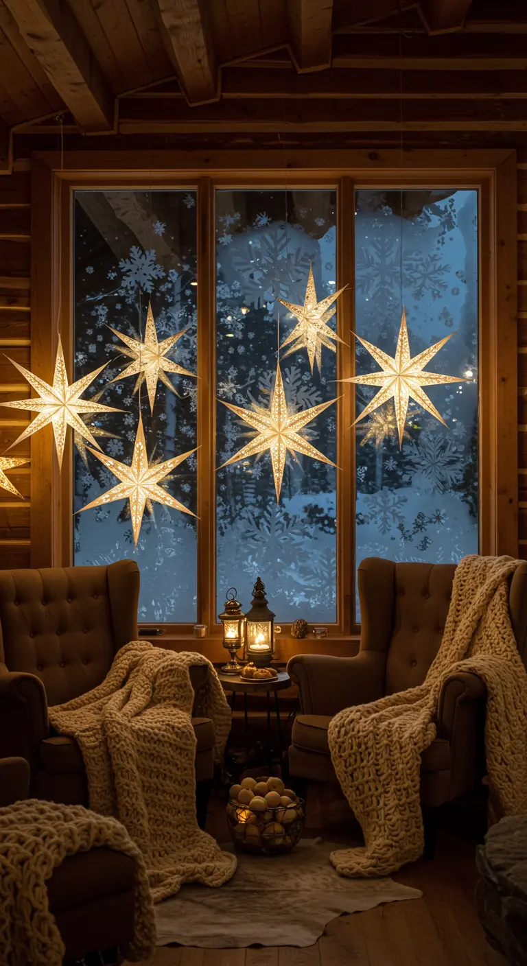 Cozy cabin room with lit paper stars hanging in a window with snowflake patterns on the glass.