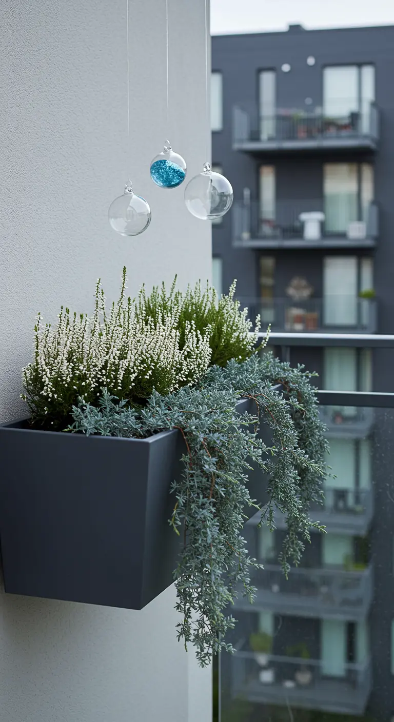 Modern gray window box with white heather, blue juniper, and hanging glass baubles.