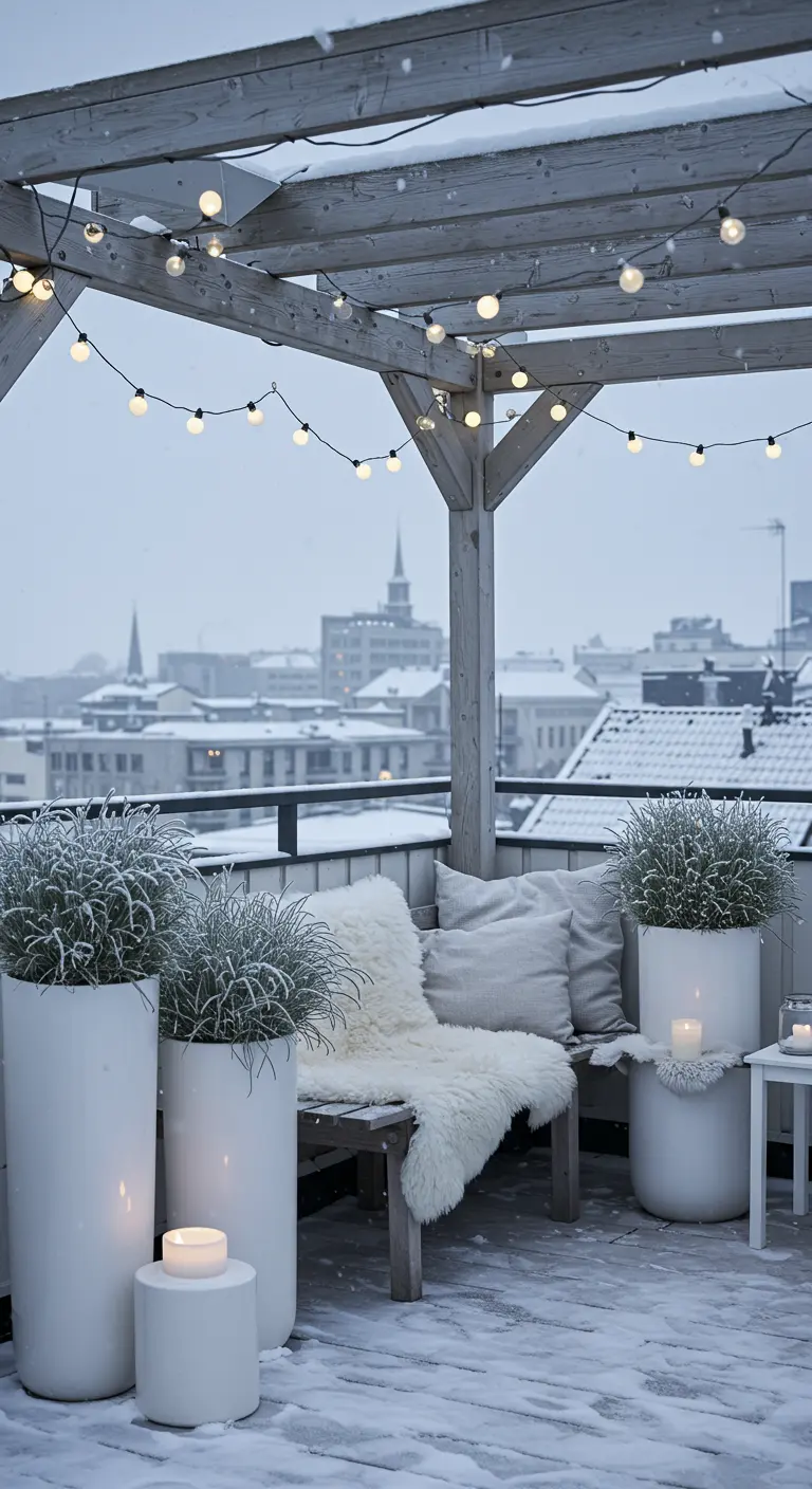 A snowy rooftop balcony decorated in white with modern planters, a sheepskin throw, and candles.
