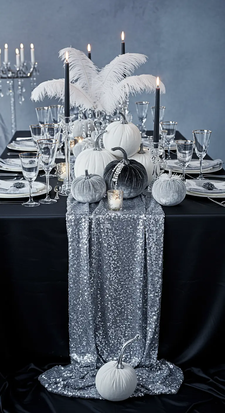 A glamorous Halloween table with a silver sequin runner, grey velvet pumpkins, and white feathers.