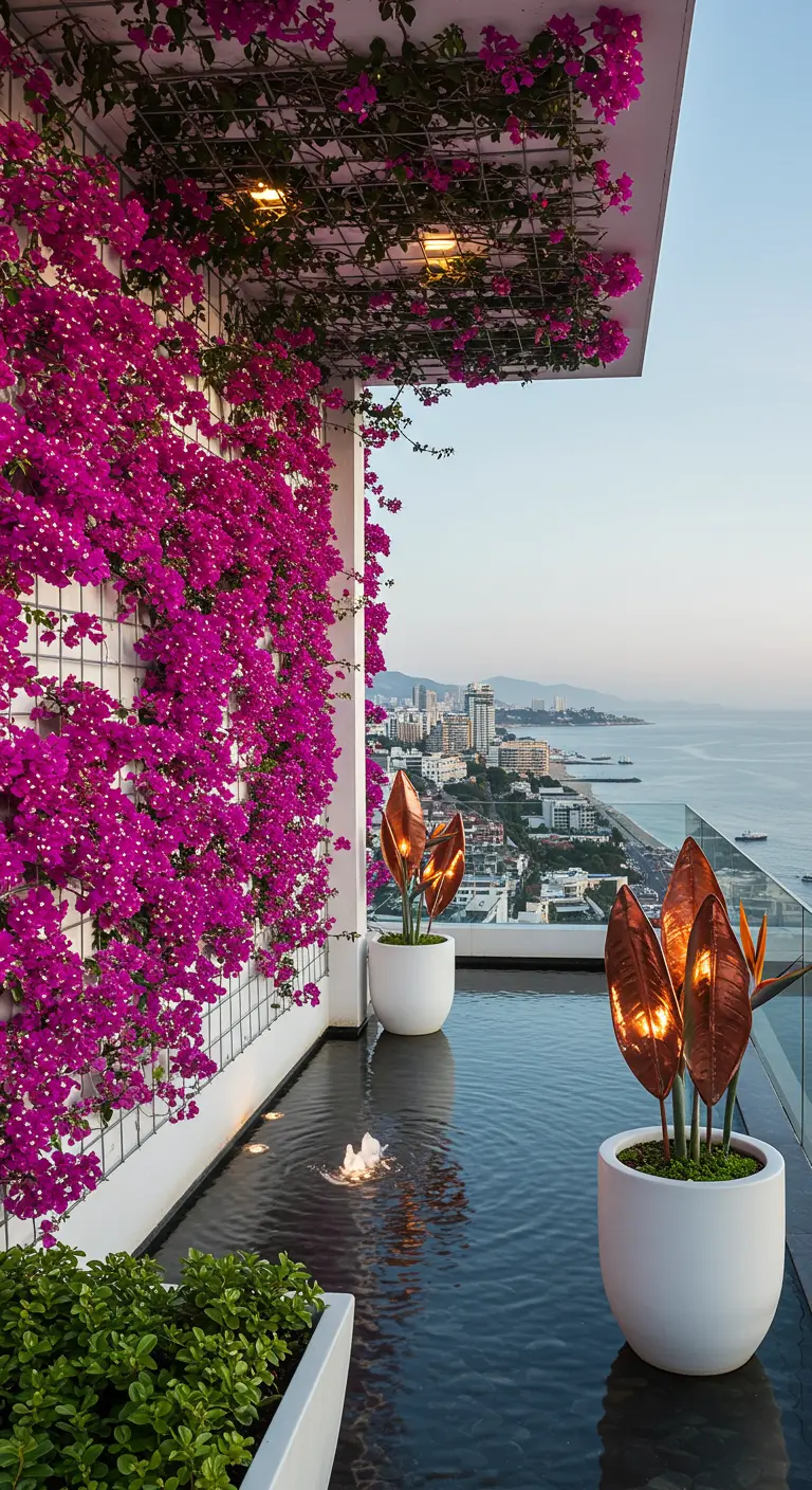 Luxury rooftop balcony with a massive wall of pink bougainvillea and a reflecting pool.