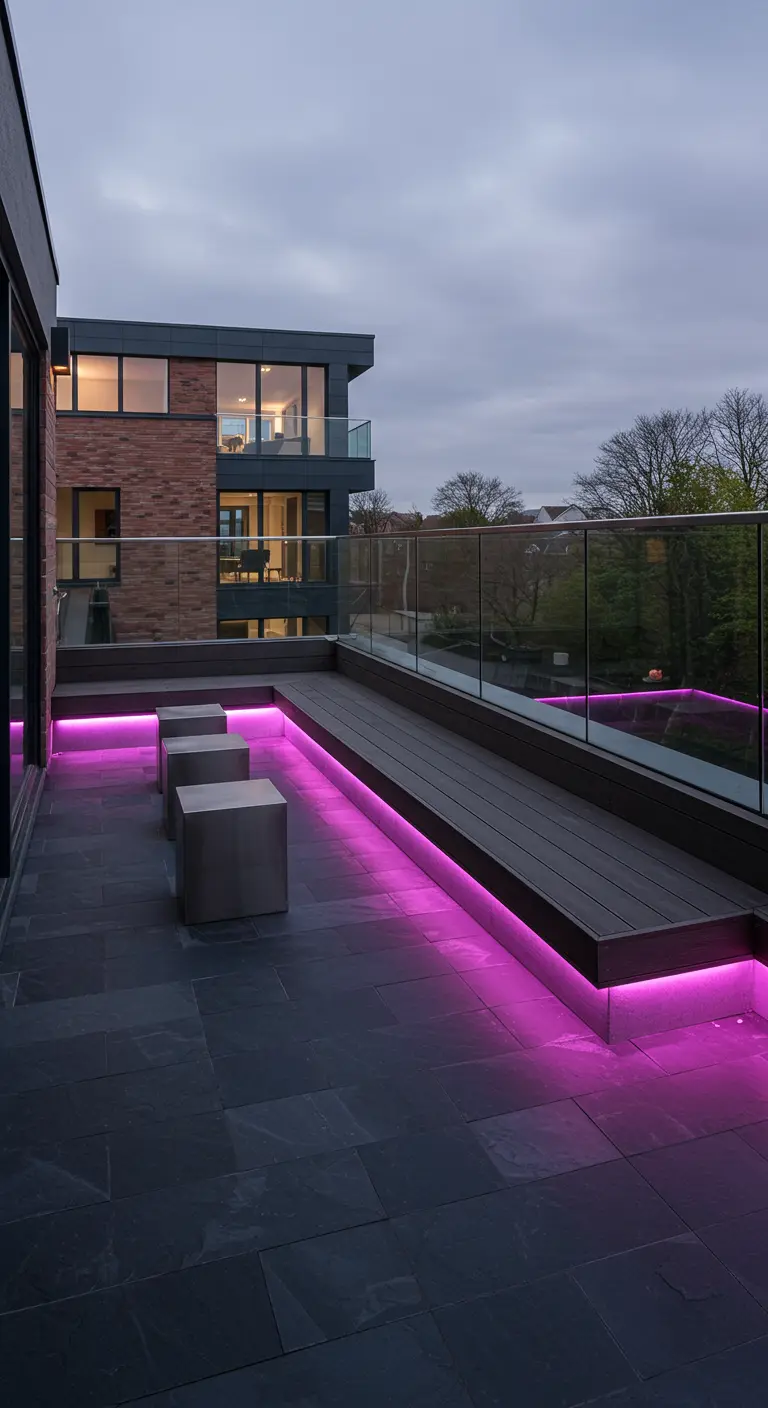 Modern terrace with a long bench illuminated by pink LED lights and concrete side tables.