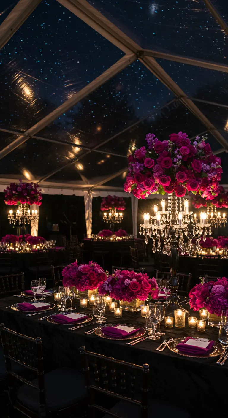 Nighttime reception with black tablecloths and dramatic centerpieces of bright fuchsia roses.