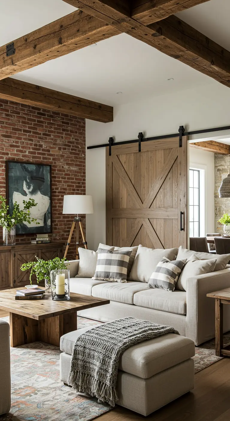 A rustic sliding barn door next to an exposed brick wall in a cozy living room.