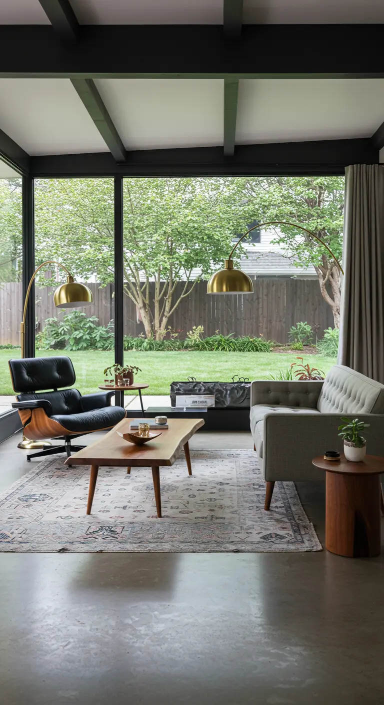 Living room with mid-century furniture, a live-edge table, concrete floors, and large garden windows.