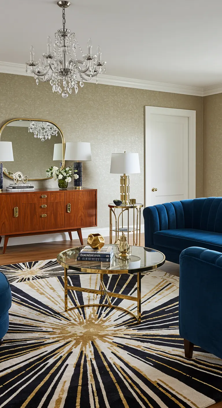 A glamorous room with a teak credenza, crystal chandelier, and a gold sunburst rug.
