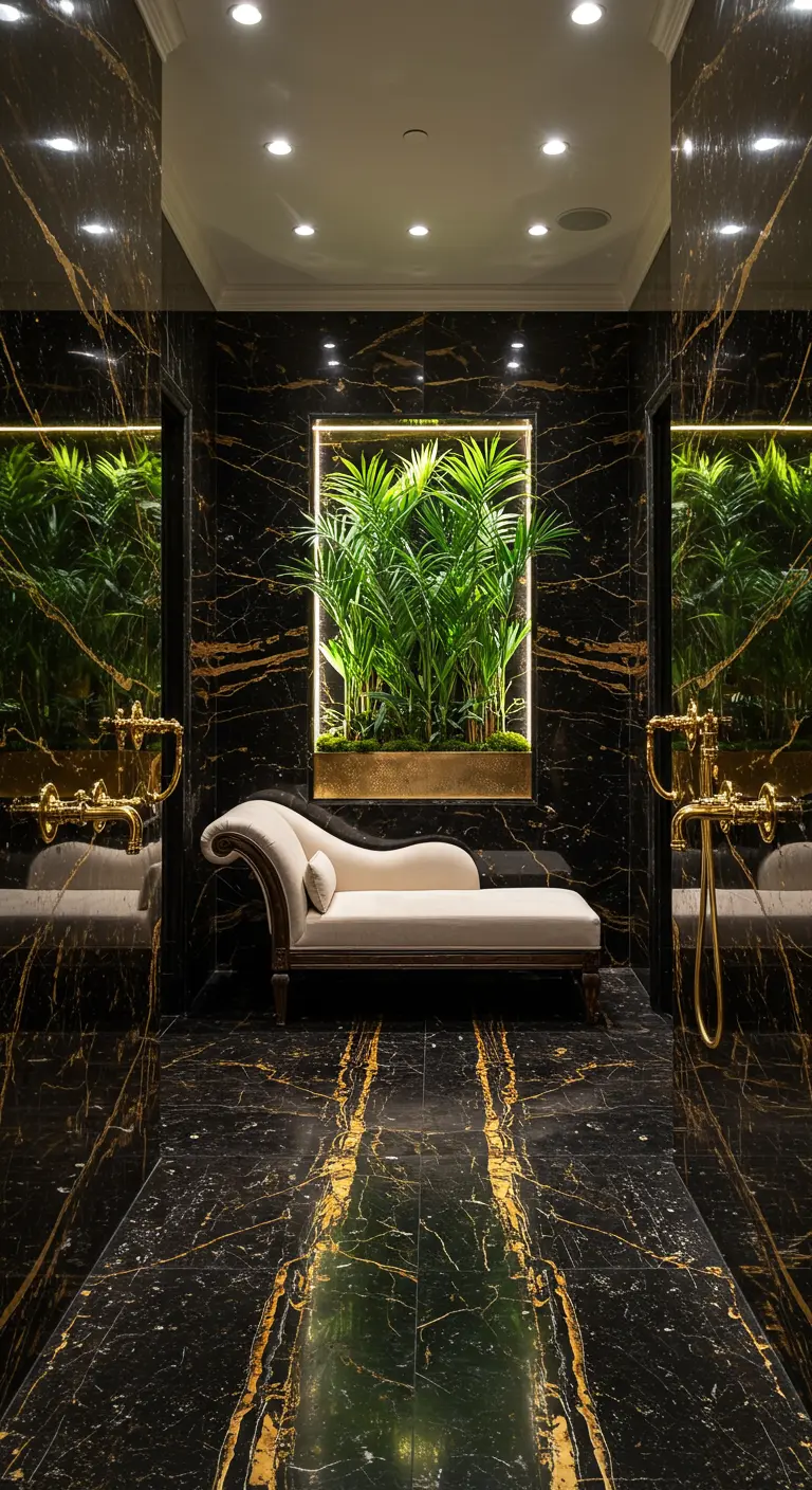 Black and gold marble bathroom with a chaise lounge and a backlit planter of ferns.