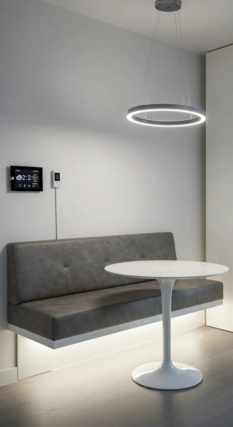 A modern dining nook with a floating grey banquette illuminated from below.