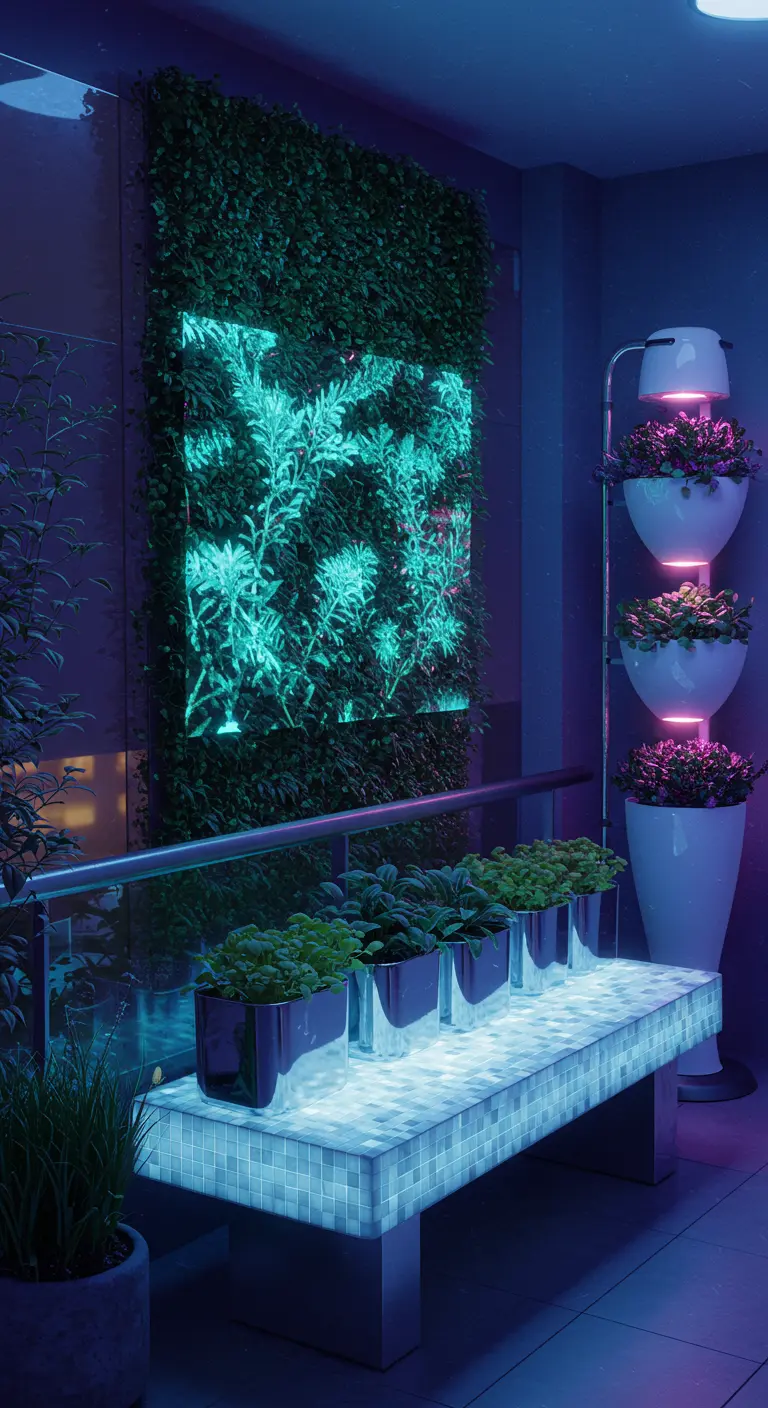 A modern, glowing bench and living wall illuminated with futuristic blue and green lights.