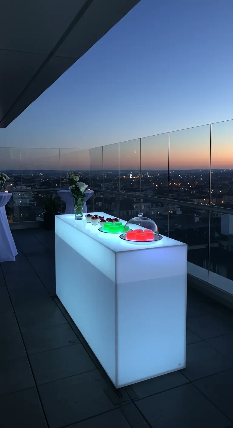 A minimalist illuminated bar on a modern rooftop, serving as a dessert station at sunset.