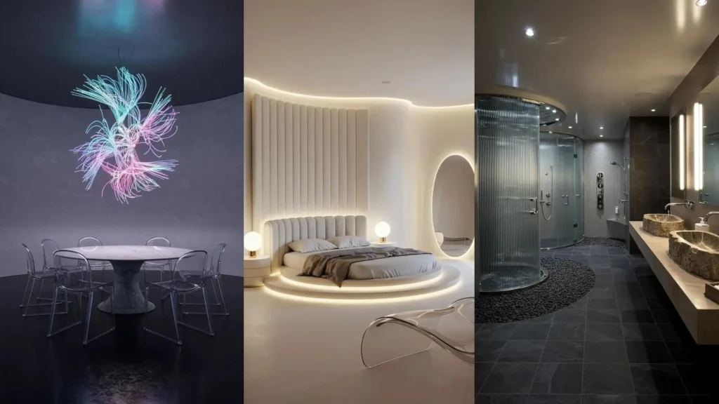 Futuristic interiors showing soft geometry, ambient LED lighting in a bedroom, and a dining area with space-age materials.