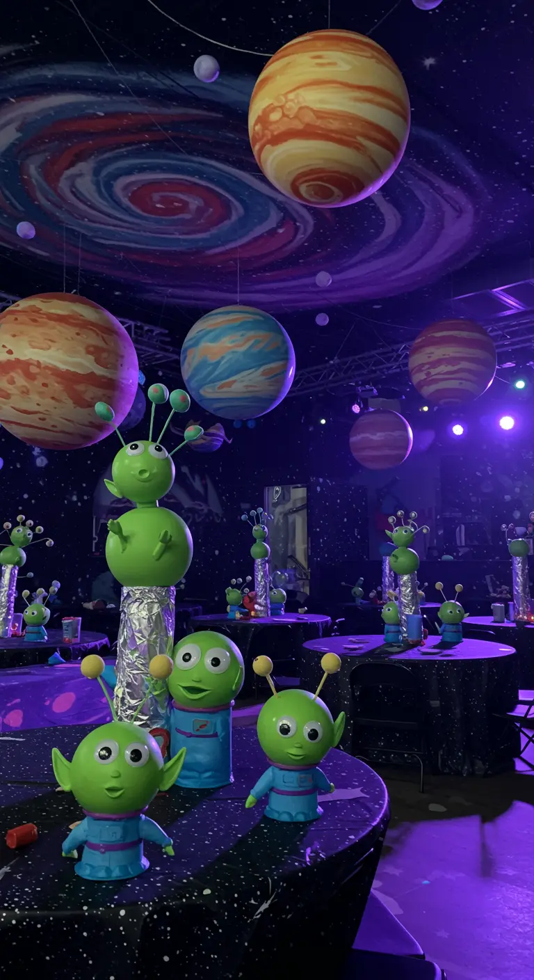 A space-themed party with hanging paper lantern planets and green alien figures on the tables.