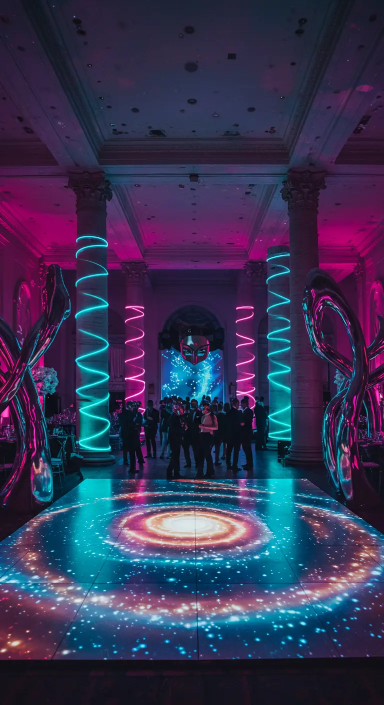 A grand hall with columns wrapped in neon spirals and a galaxy projection on the dance floor.