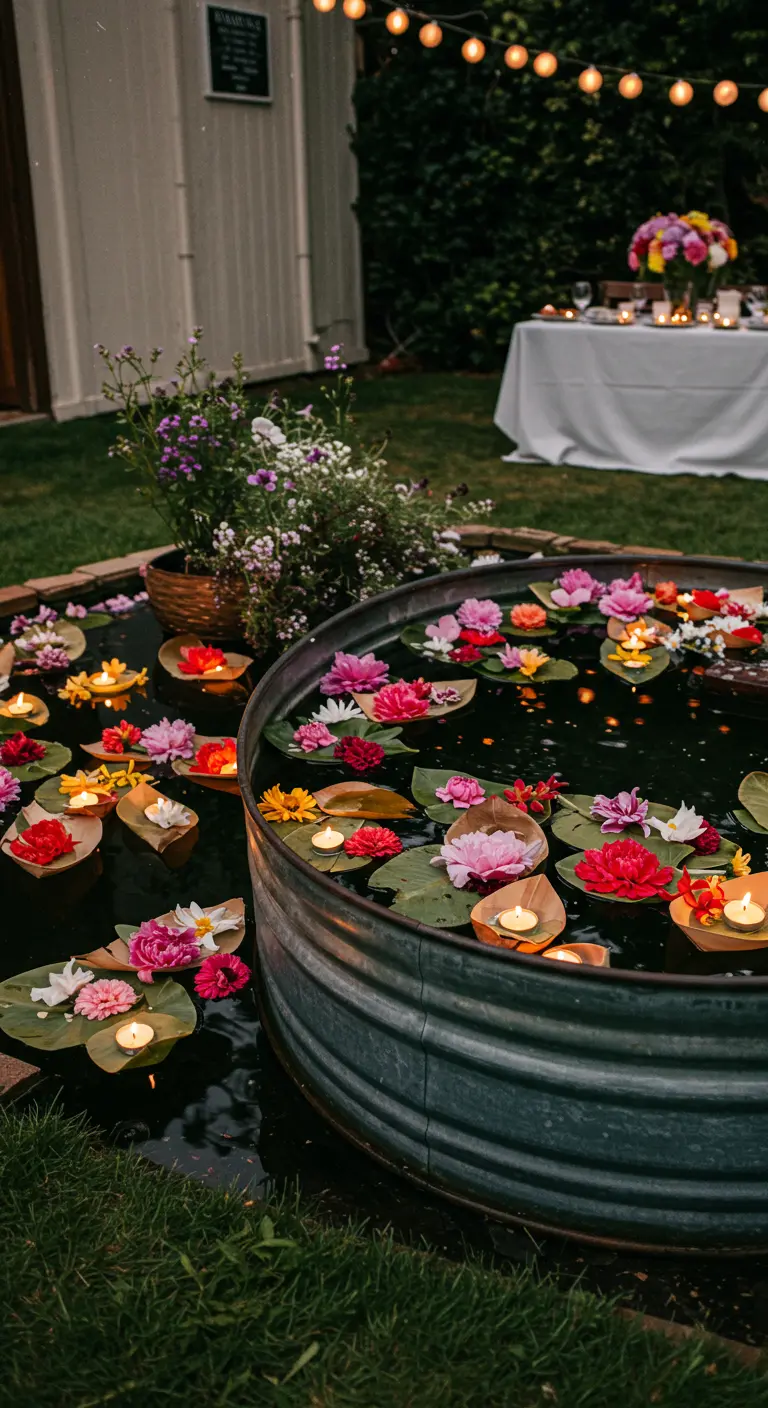 A galvanized stock tank filled with water, floating flowers, and candles.