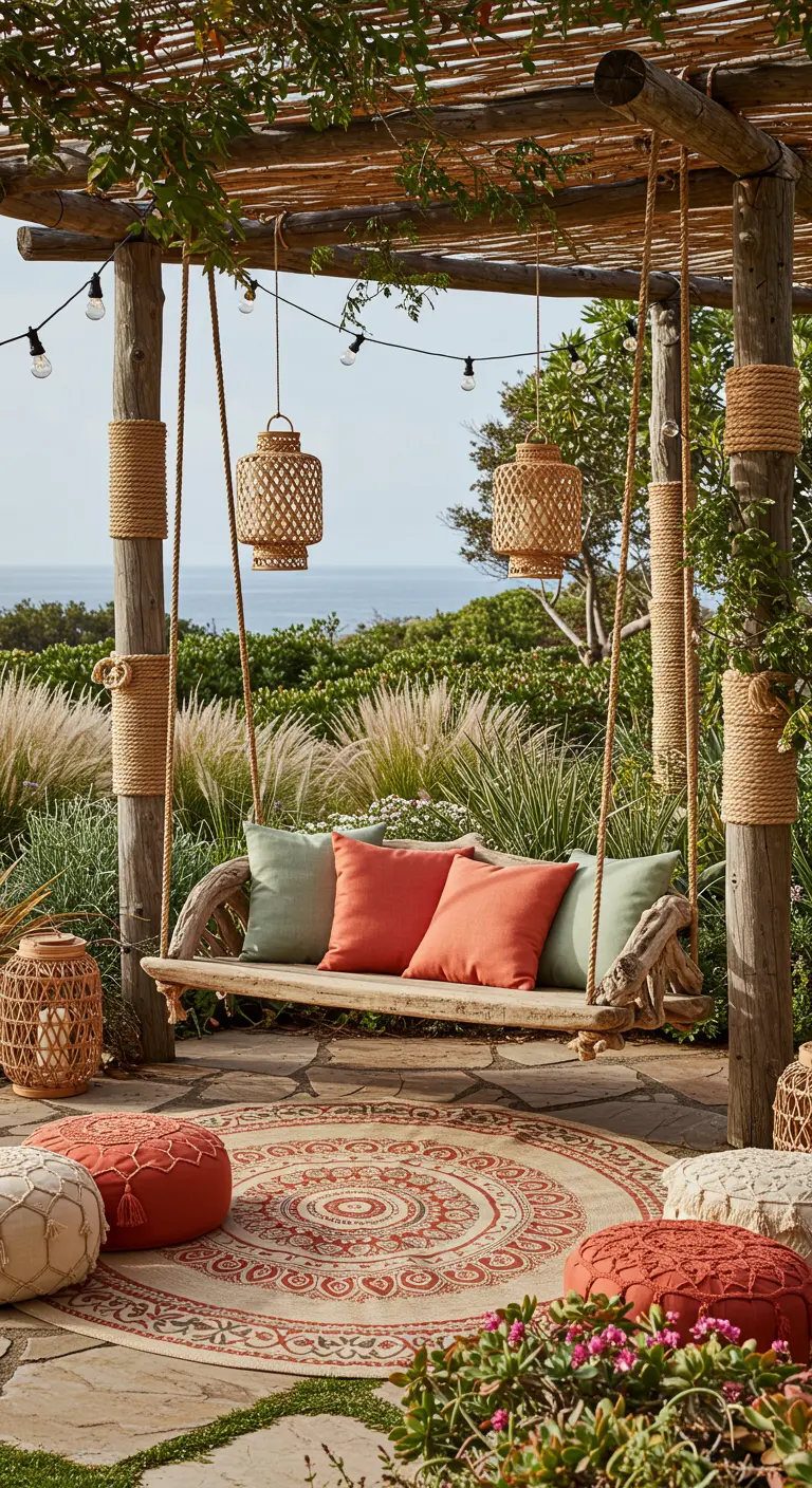 Driftwood swing bench with vibrant cushions, woven lanterns, and a patterned rug in a lush garden.