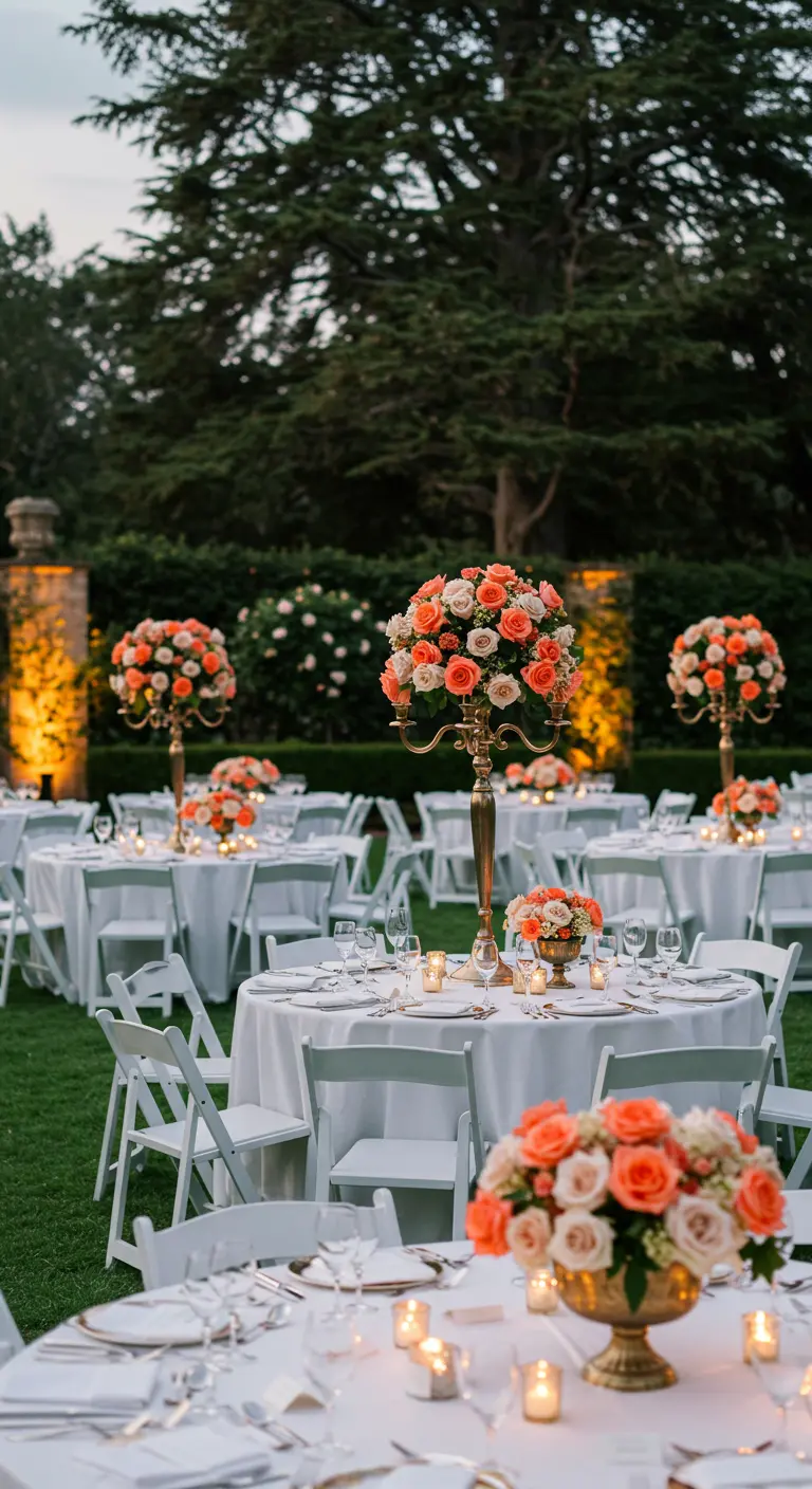 Outdoor garden wedding with round tables, white linens, and coral rose centerpieces.
