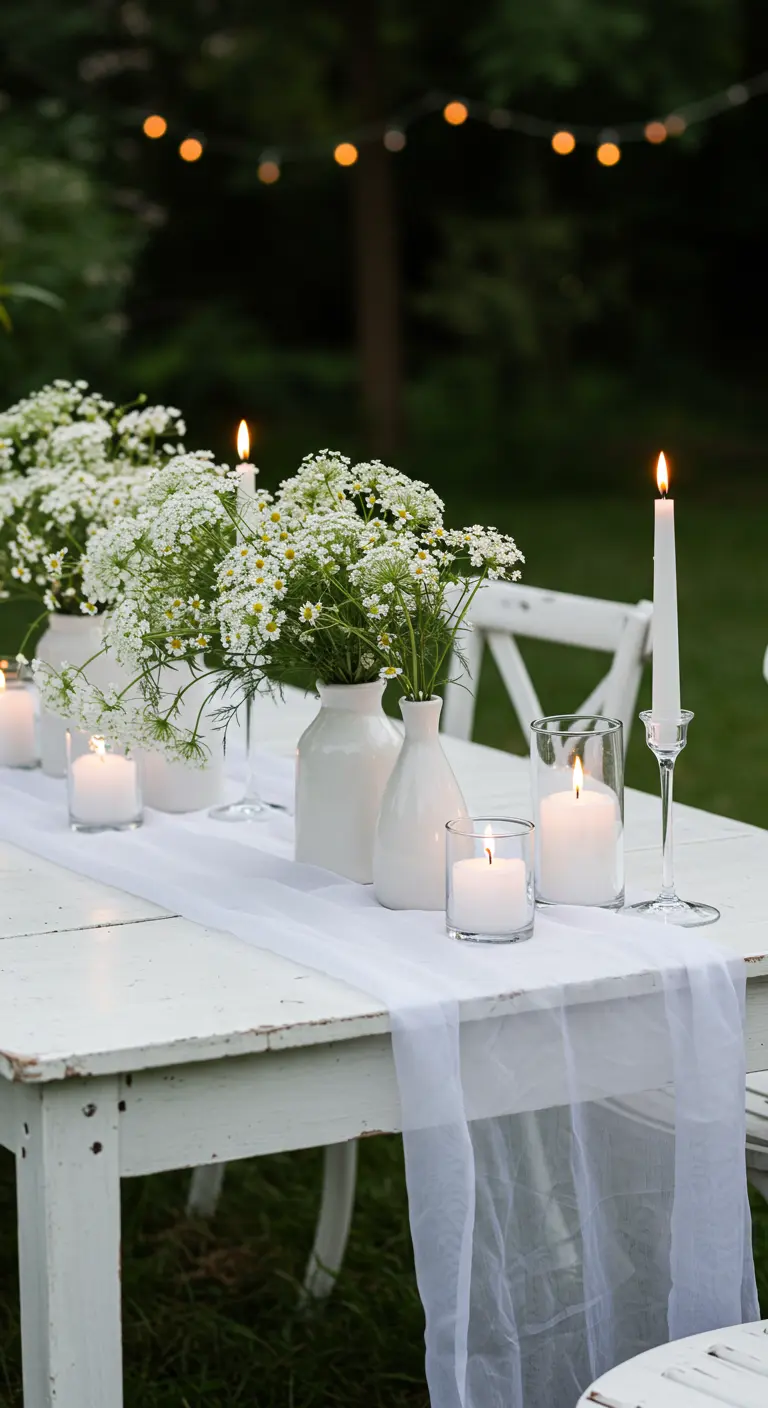 Rustic white outdoor table with Queen Anne's Lace in white vases and a sheer runner.