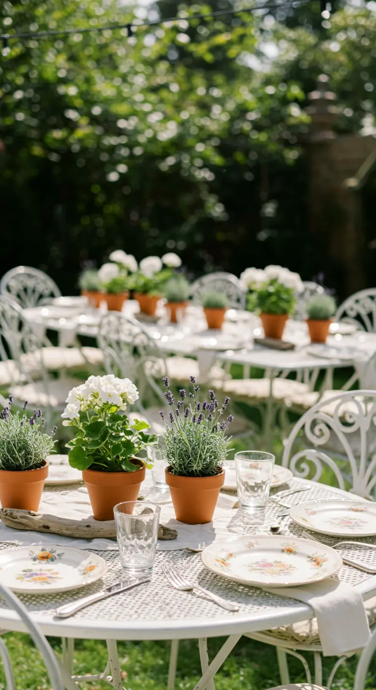 Garden party table with potted lavender and geraniums arranged around a piece of driftwood.
