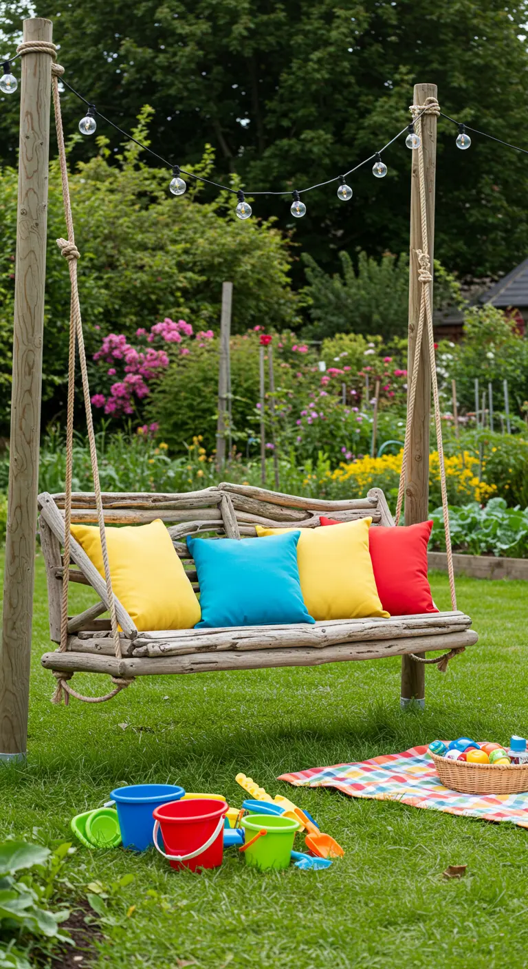 Rustic swing bench with colorful cushions in a grassy garden with children's toys.