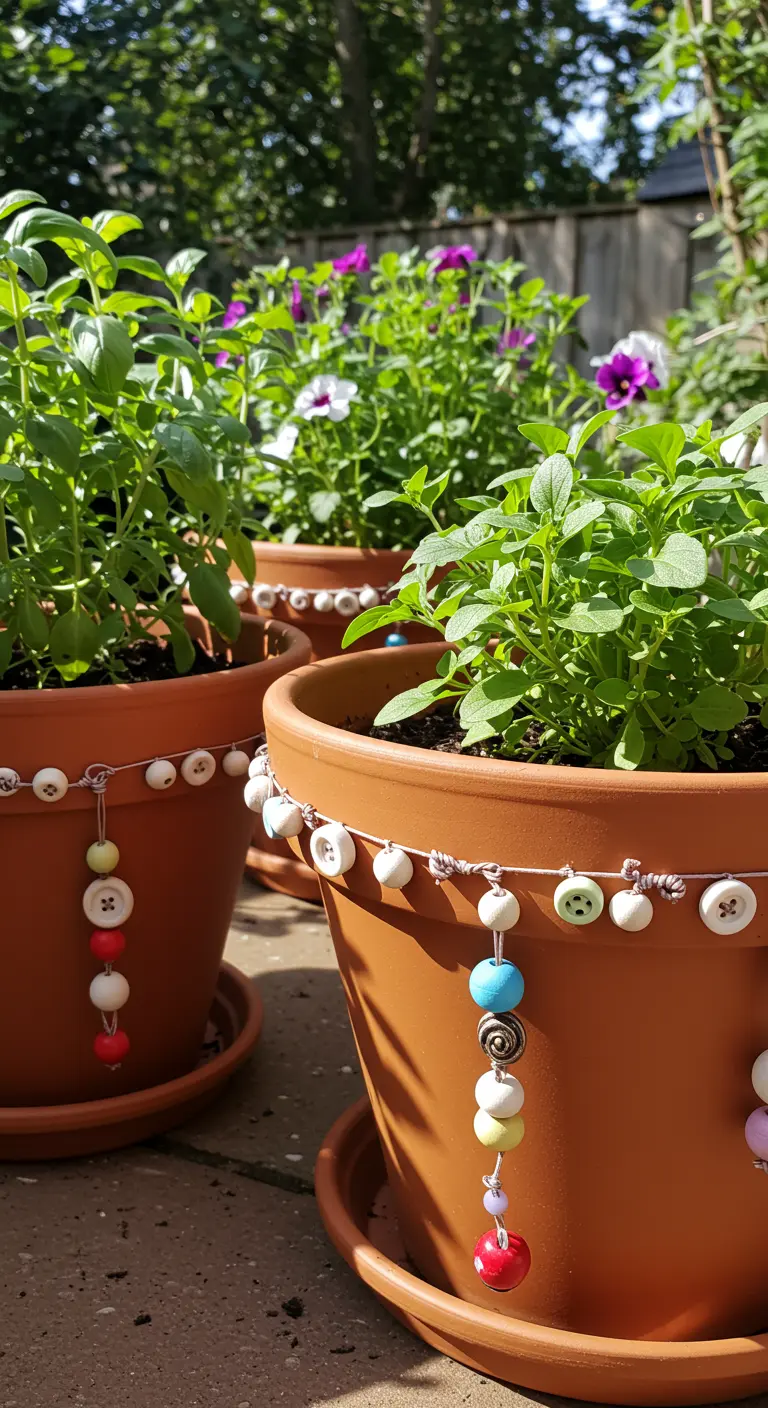 Terra cotta garden pots decorated with colorful bead and button garlands.