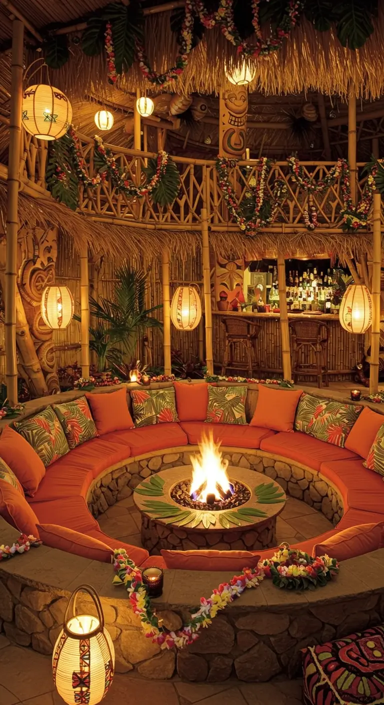 A circular sunken fire pit lounge with orange cushions, surrounded by tiki decor and bamboo.