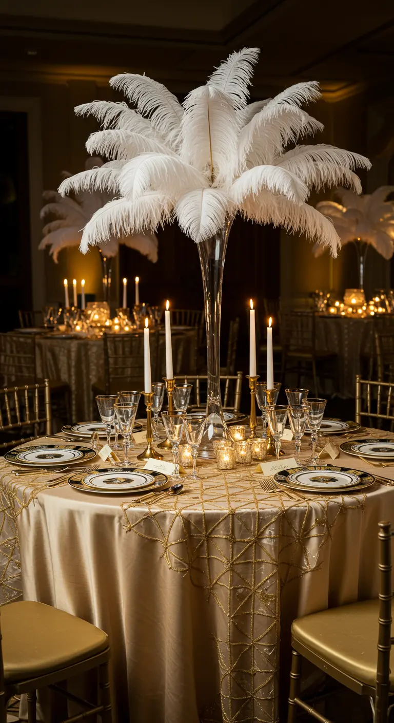 Great Gatsby-themed table with white feathers, gold accents, and candles.
