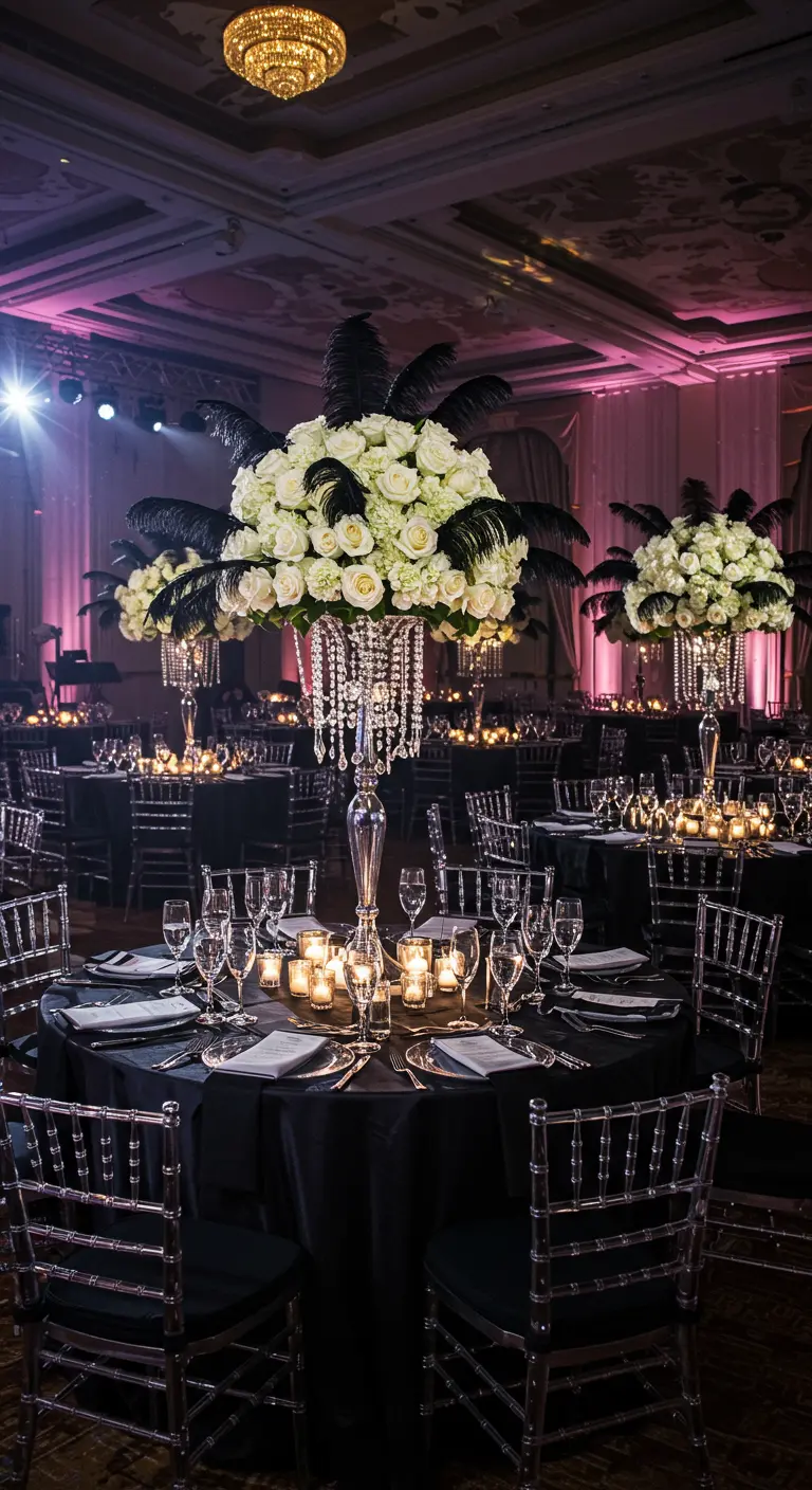 Black-tie reception with tall crystal centerpieces of white roses and black feathers.