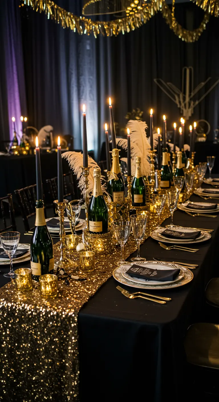 An extravagant table with a line of champagne bottles and candles down a gold runner.