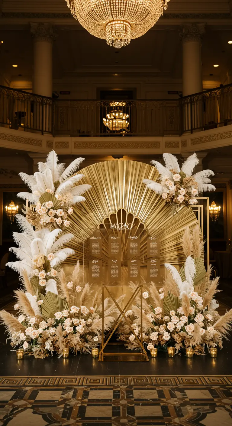 An Art Deco-style gold sunburst seating chart framed with pampas grass and white flowers.