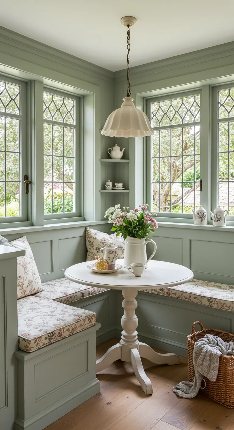 A sage green dining nook with floral cushions and leaded glass windows.