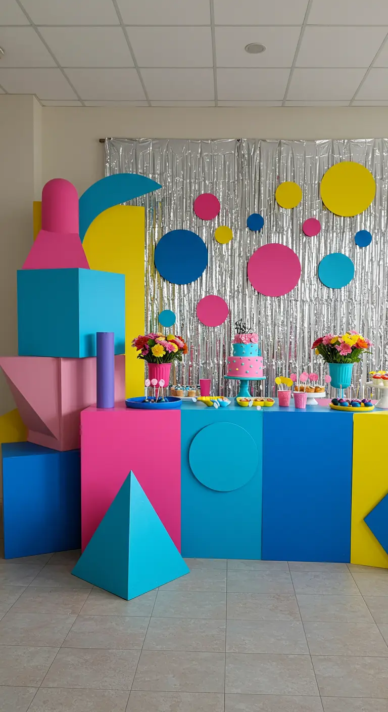 A vibrant party dessert table decorated with large, colorful geometric blocks and shapes.