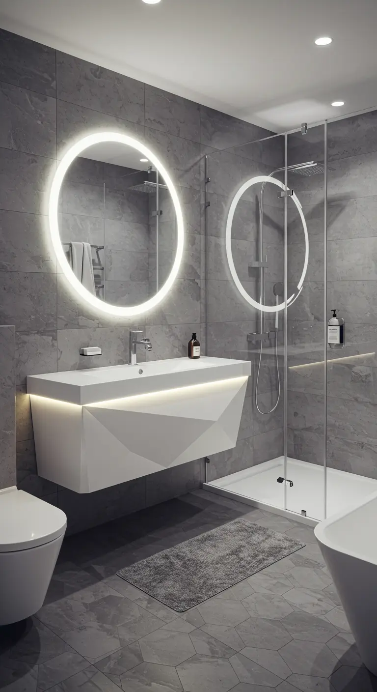 Gray bathroom with a faceted geometric floating vanity and a large, backlit round mirror.