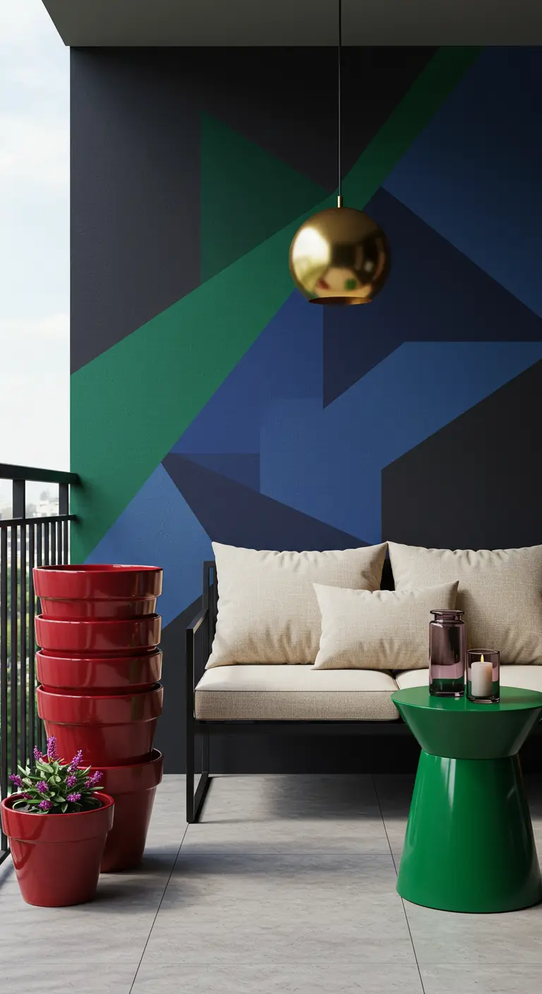 A modern balcony with a geometric wall mural in blue, green, and black, with red planters.