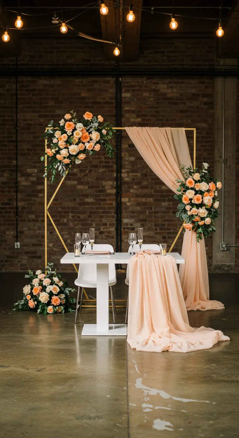 A gold geometric wedding arch with peach floral arrangements and draped tulle behind a sweetheart table.