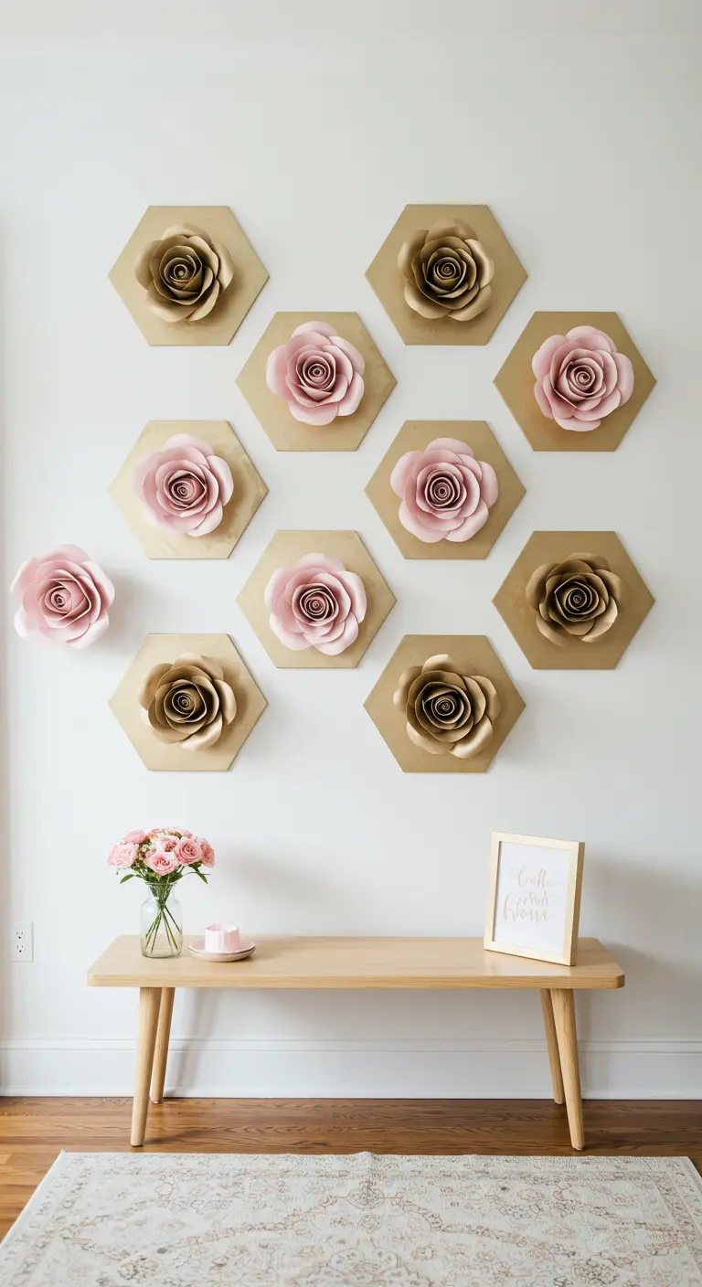 Pink and gold paper roses mounted on individual gold hexagon boards on a wall.