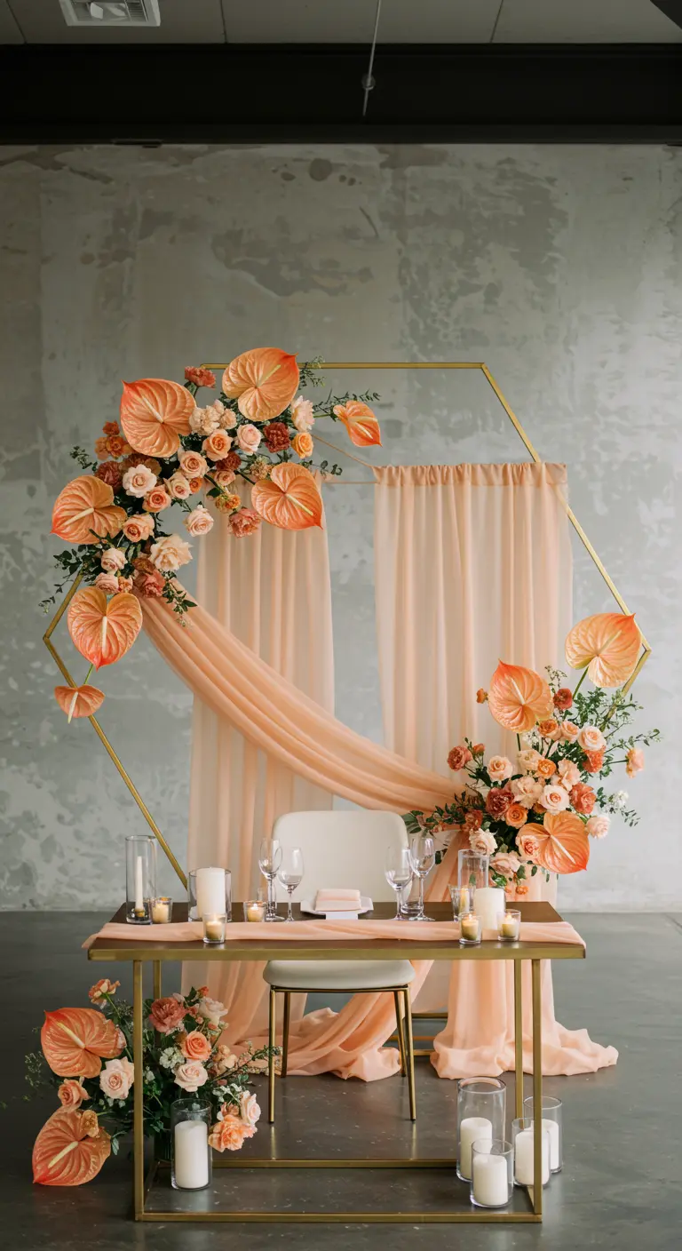 A gold hexagon frame backdrop with peach anthuriums, roses, and tulle.