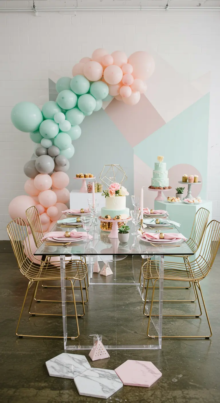 A brunch table with gold chairs set against a geometric pastel backdrop and balloon arch.