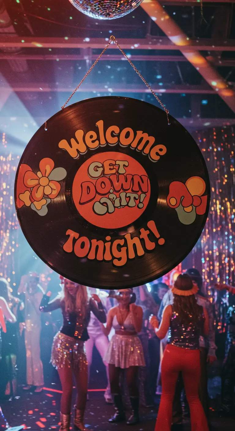 A vintage vinyl record painted with a colorful 70s-style welcome message for a disco party.
