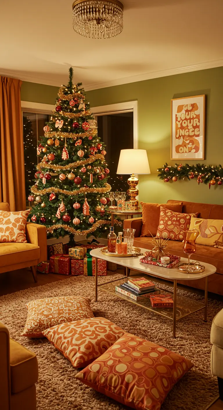 1970s style living room with a Christmas tree decorated in red and gold.